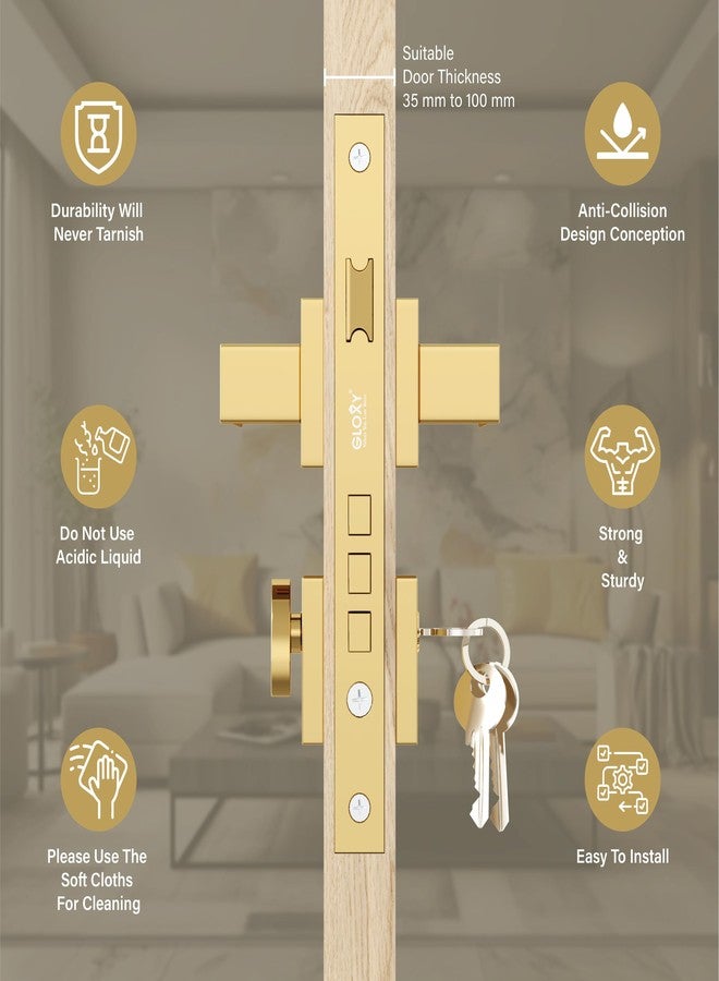 GLOXY Premium Zinc Mortise Lock Door Handle Lock for Main & Internal Door in Residential & Commercial Spaces Body 3 Brass Key for Hotel,Room| Gold Finish (2 Years Warranty, Pack of 1) - Image 2